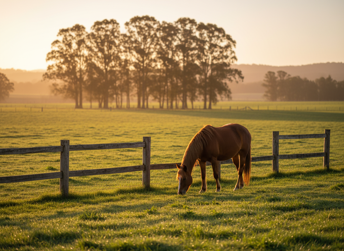 A gentle horse grazing at golden hour near a wooden fence, surrounded by eucalyptus trees and warm amber light at Lorrimar Lodge