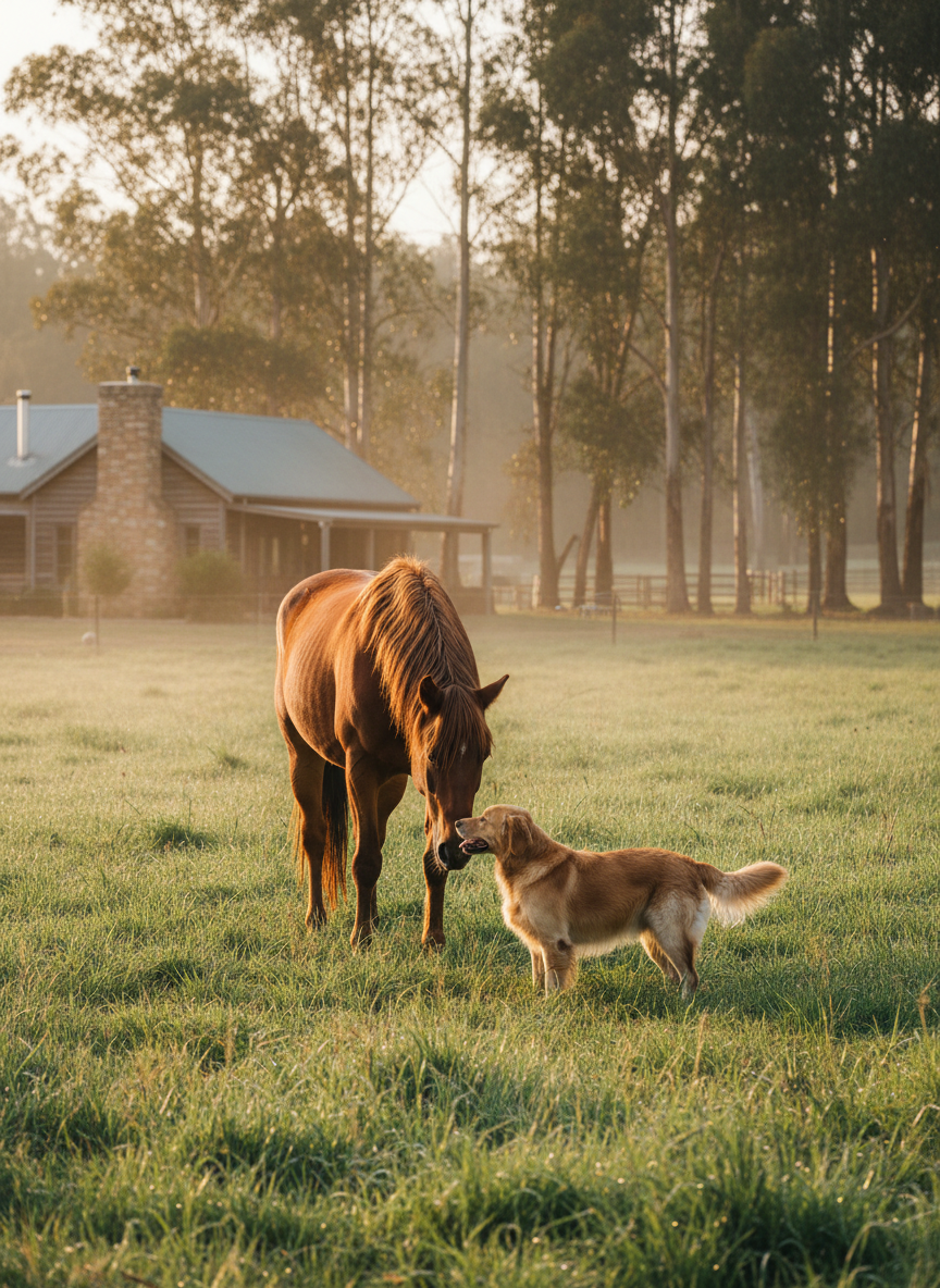 A gentle horse and a friendly dog together in a sunlit paddock at Lorrimar Lodge, surrounded by green grass and warm golden light