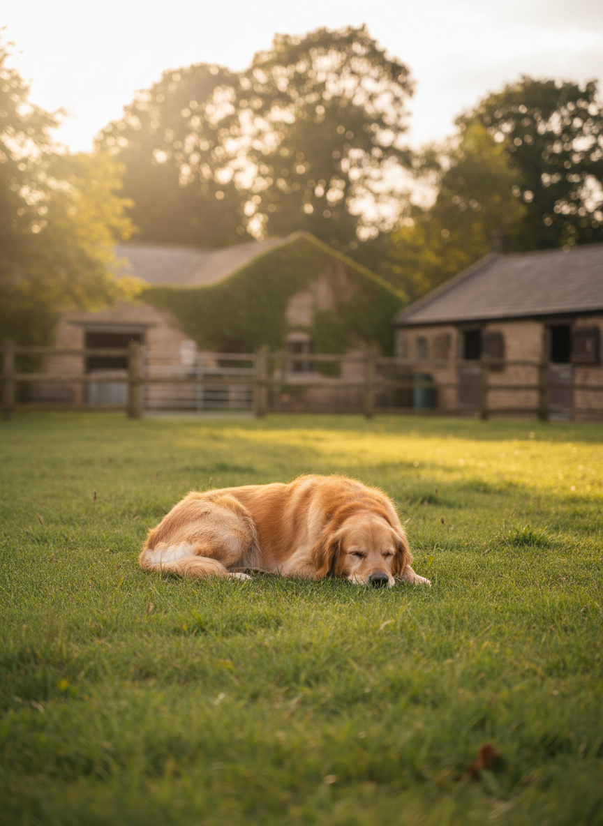 A calm animal resting peacefully in a sunlit paddock at Lorrimar Lodge, surrounded by soft green grass and warm golden light