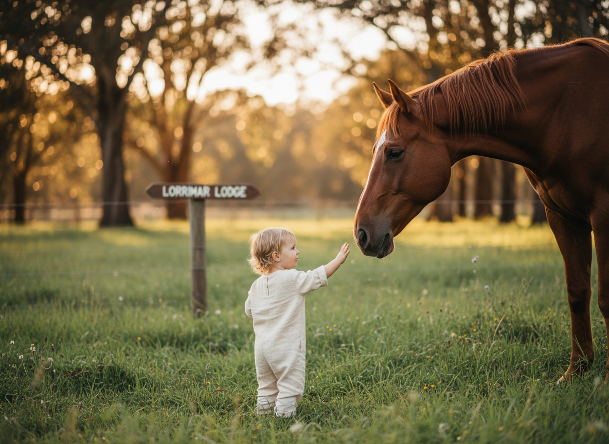A child gently reaching out to touch the nose of a calm horse at golden hour in a sunlit paddock at Lorrimar Lodge