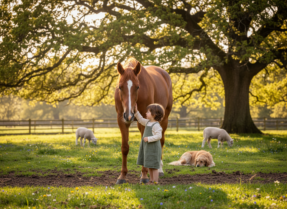 A child gently interacting with a horse in a lush green paddock, warm golden afternoon light