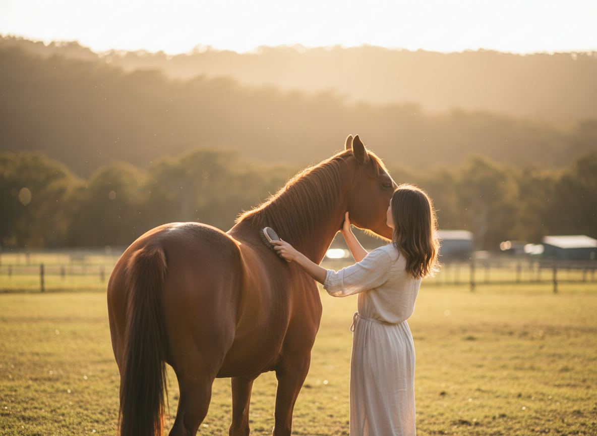 A participant gently brushing a chestnut horse in a sunny paddock surrounded by green countryside