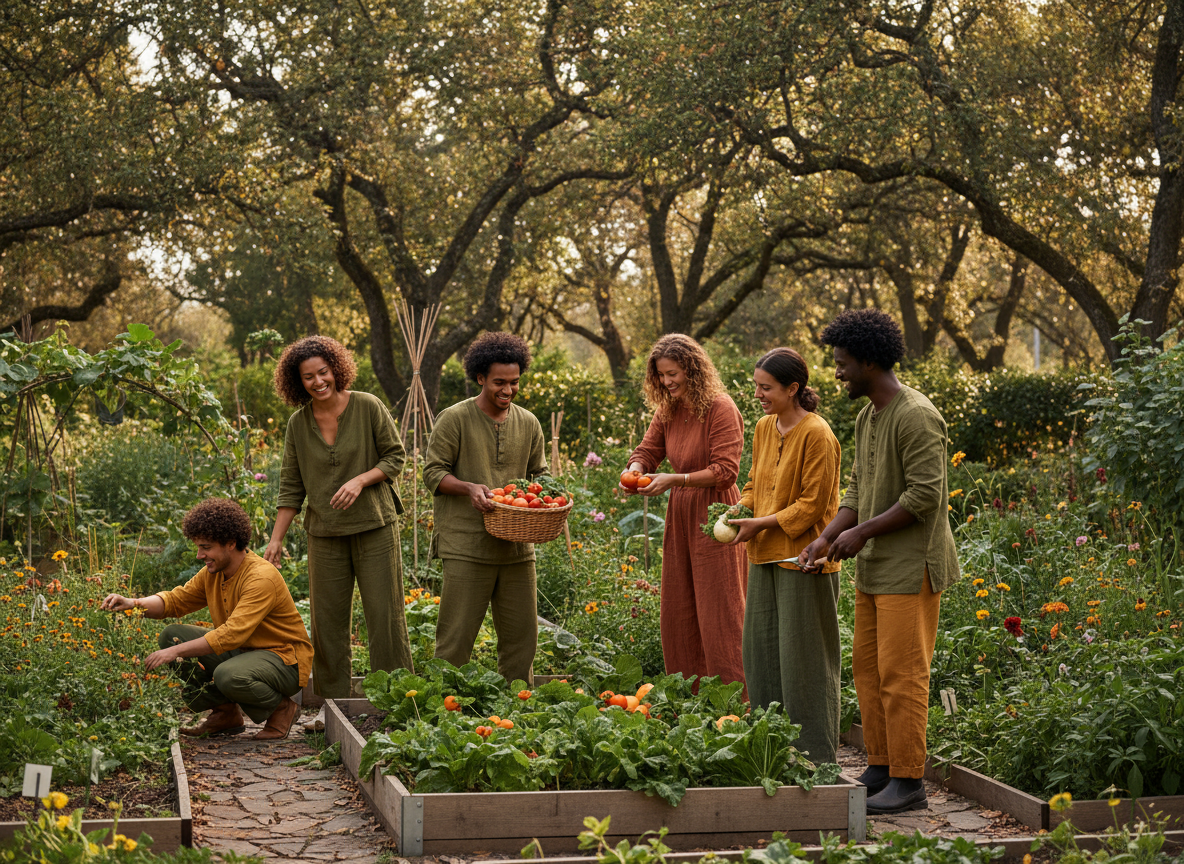 A group of young adults harvesting vegetables together in a sunny garden, warm earthy tones