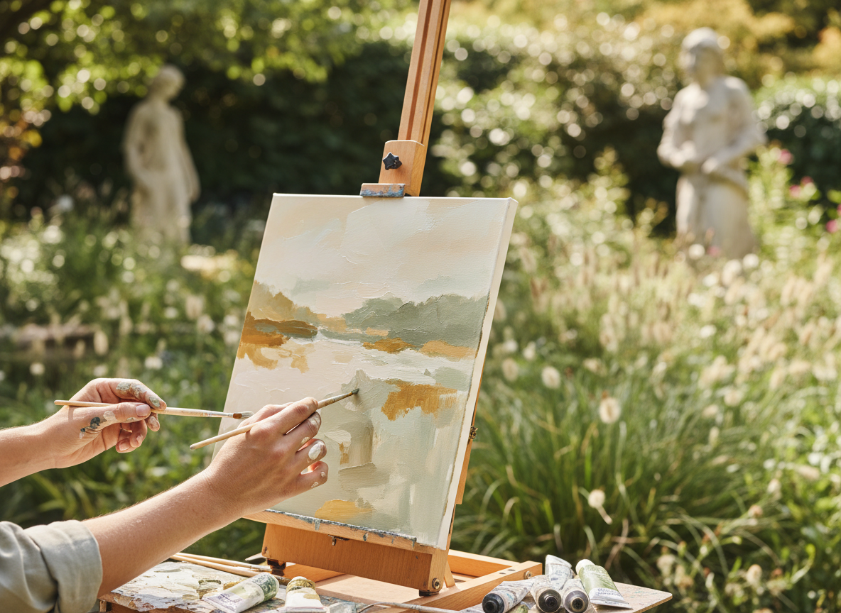 Hands painting on canvas outdoors in a tranquil garden, warm natural light and soft bokeh