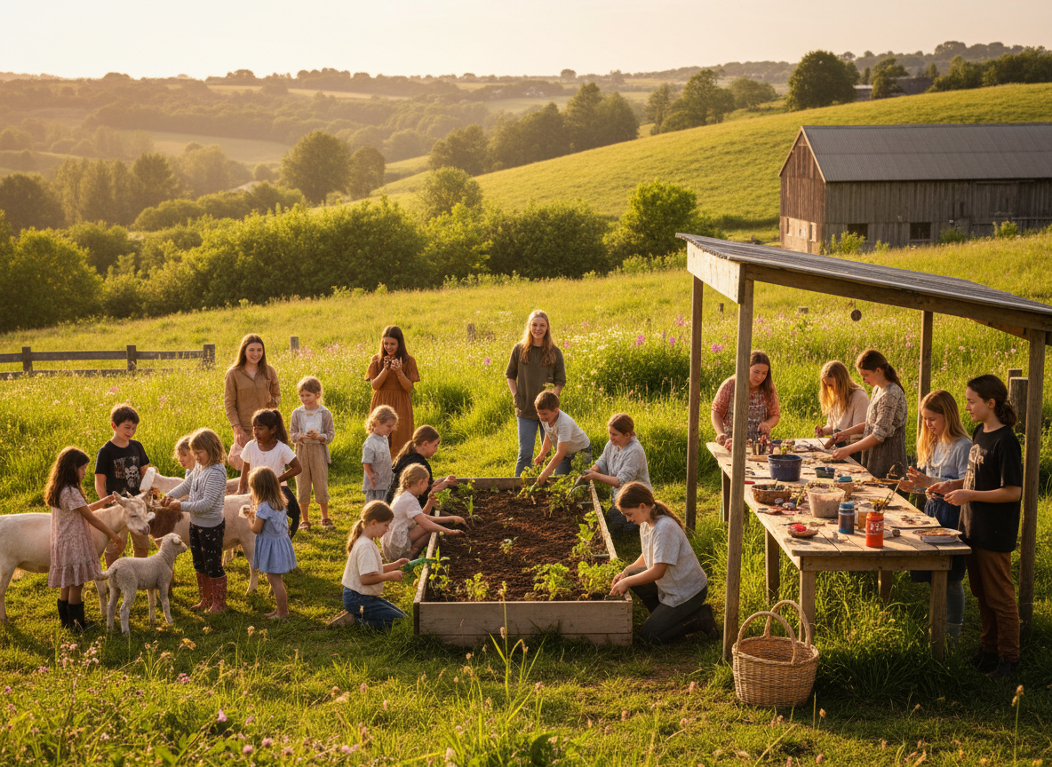 A joyful school holiday scene at a farm retreat — children and young people engaged in outdoor activities including tending animals, gardening in raised beds, and creative crafts on wooden tables. Warm golden afternoon light, lush green surroundings, earthy textures.