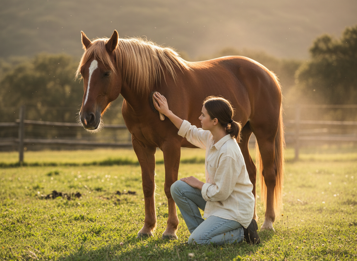 A young person gently grooming a calm horse in a sunny paddock