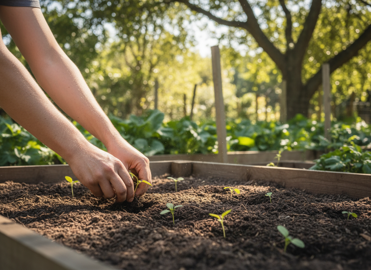 Hands planting seedlings into rich soil in a raised garden bed in soft sunlight