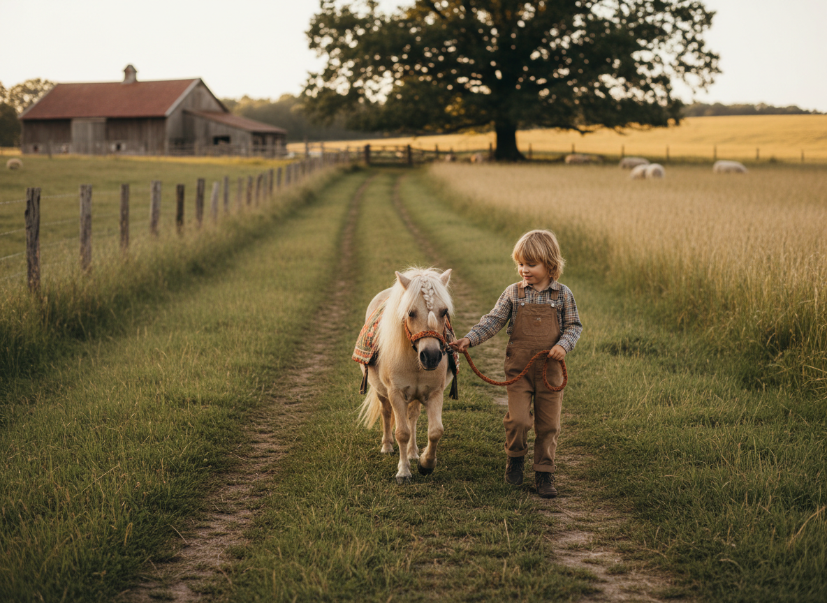 A child walking alongside a small pony on a grass path at a peaceful farm