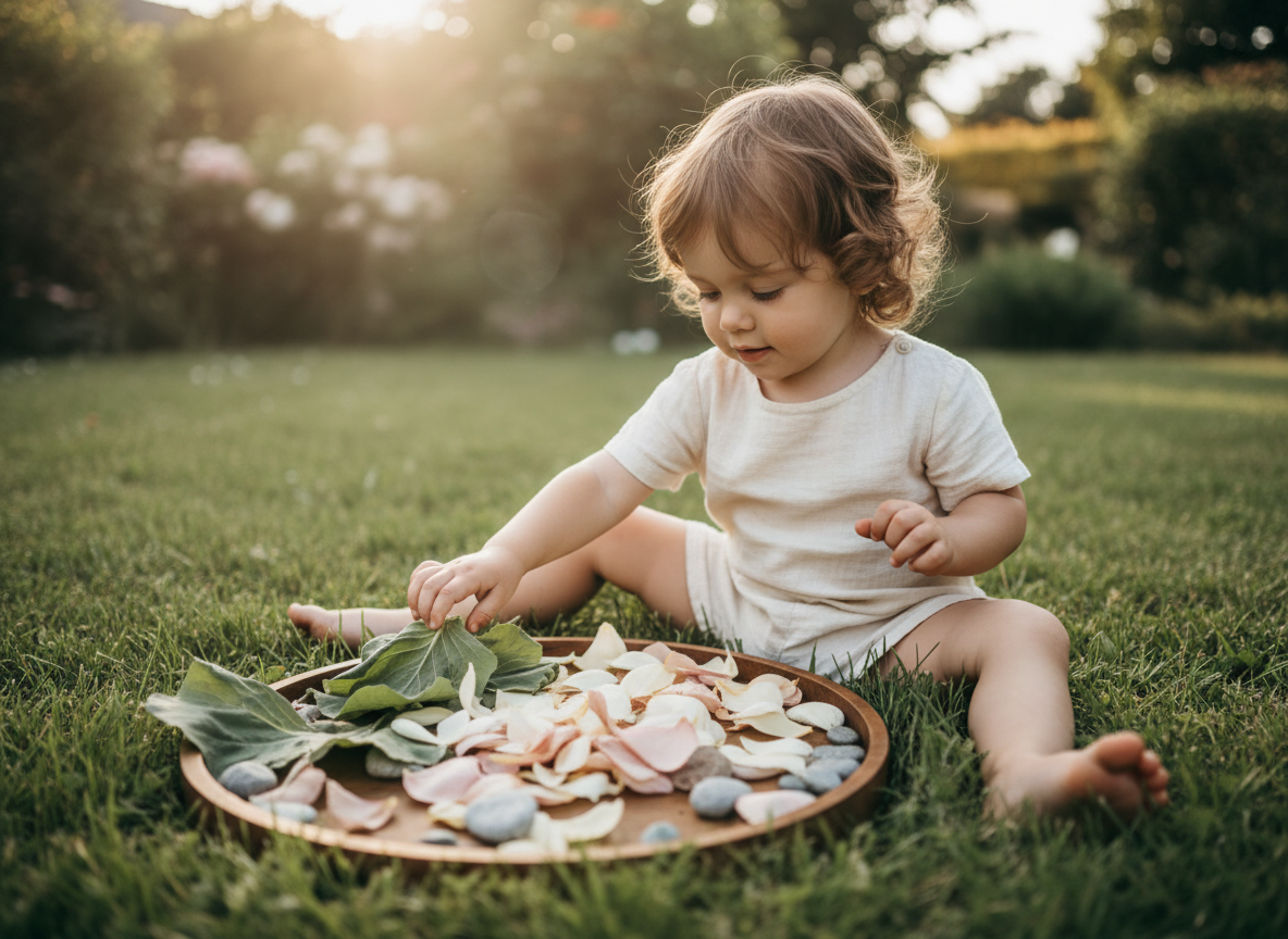 A child exploring natural textures of leaves, petals and pebbles on a wooden tray in soft grass