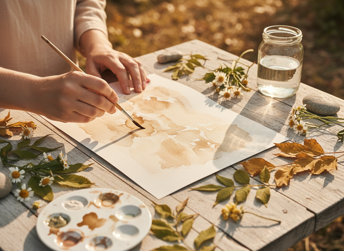 Hands painting with watercolours on a wooden table outdoors surrounded by leaves and flowers