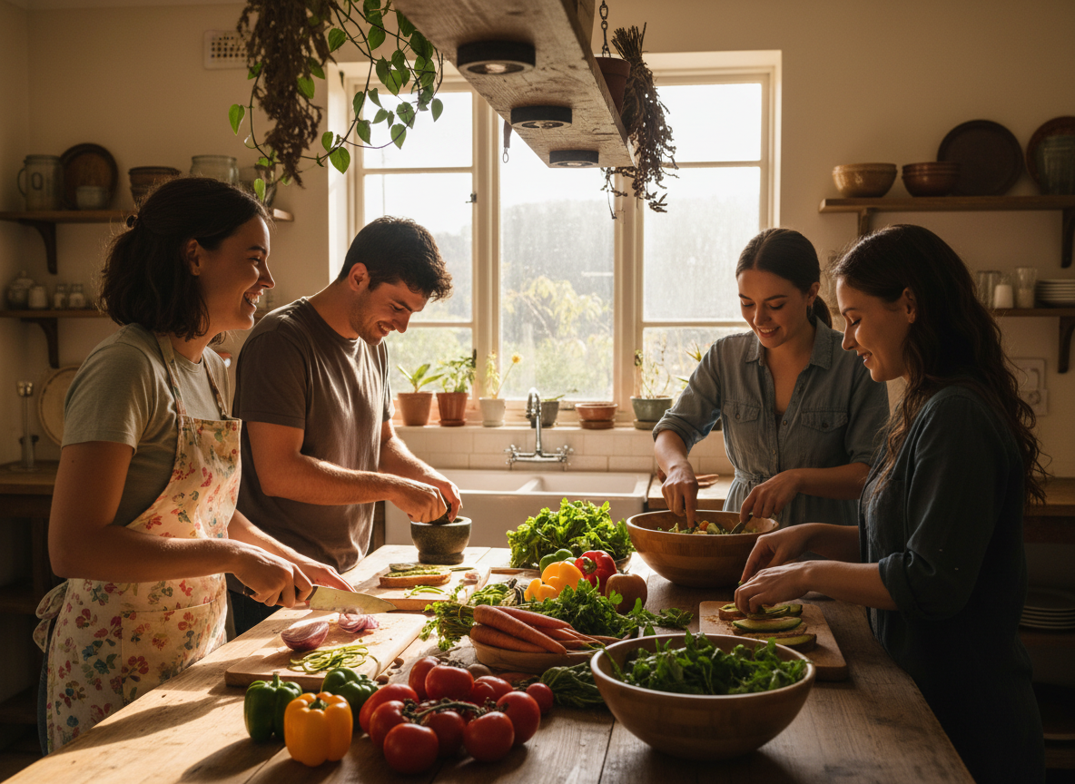 Young people preparing fresh vegetables together at a warm wooden kitchen bench