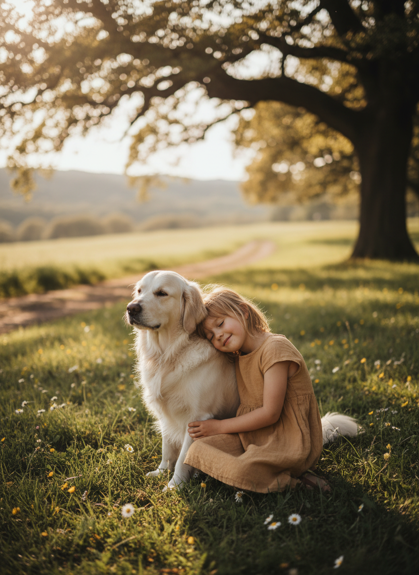 A young person gently connecting with an animal in a peaceful, sunlit natural setting at Heart of Lorrimar Lodge