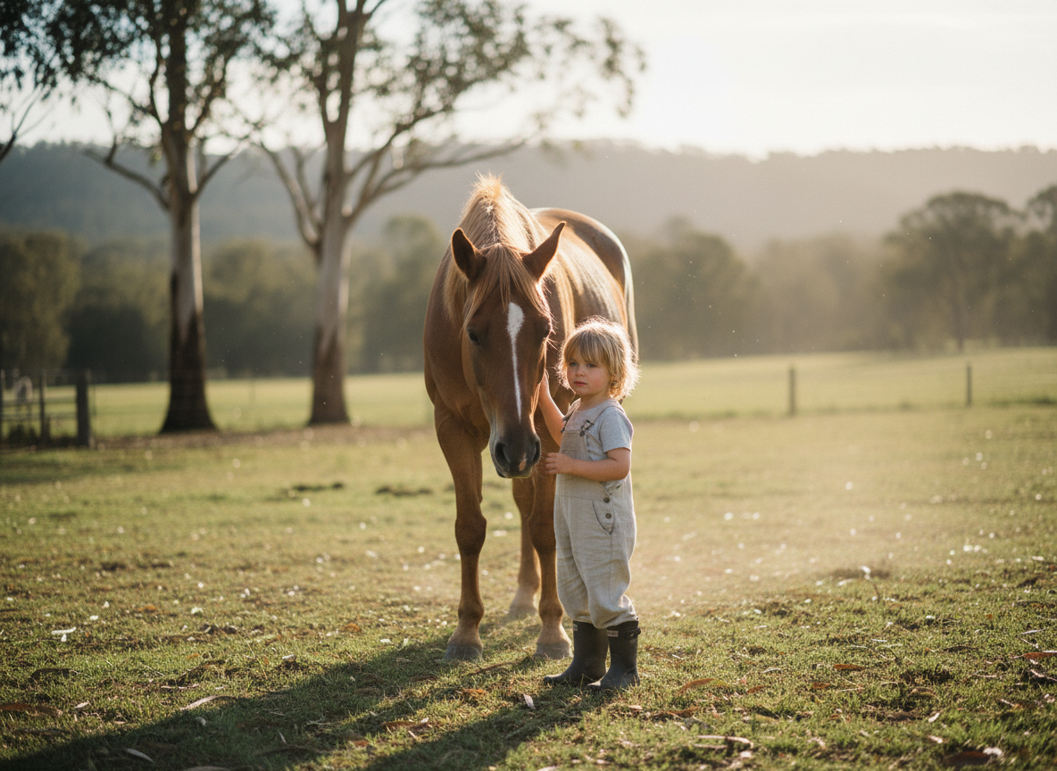 A child and a calm horse together in golden afternoon light at Heart of Lorrimar Lodge